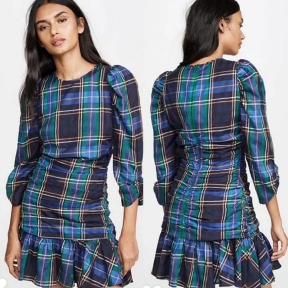 trina taylor raven drop waist blue plaid 3/4-sleeve mini dress | women’s S